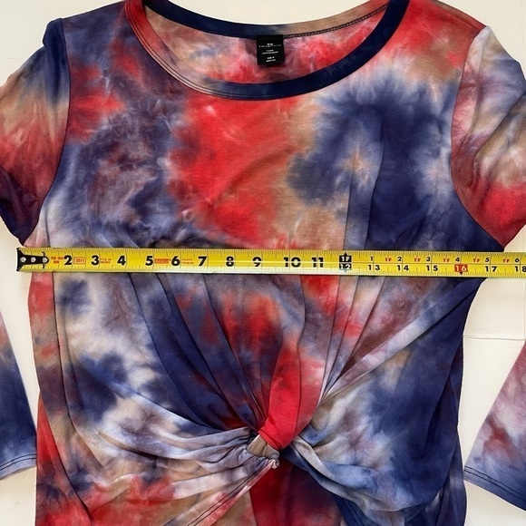 This and More Young Contemporary Long Sleeve Red Blue Tie Dye Twist Front Shirt - Picture 5 of 5